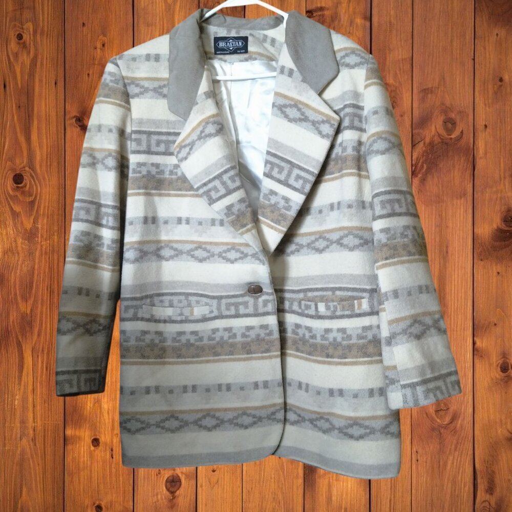 BRAETAN Size 12 Beige/Cream Aztec Southwestern Yellowstone Blazer Wool Jacket